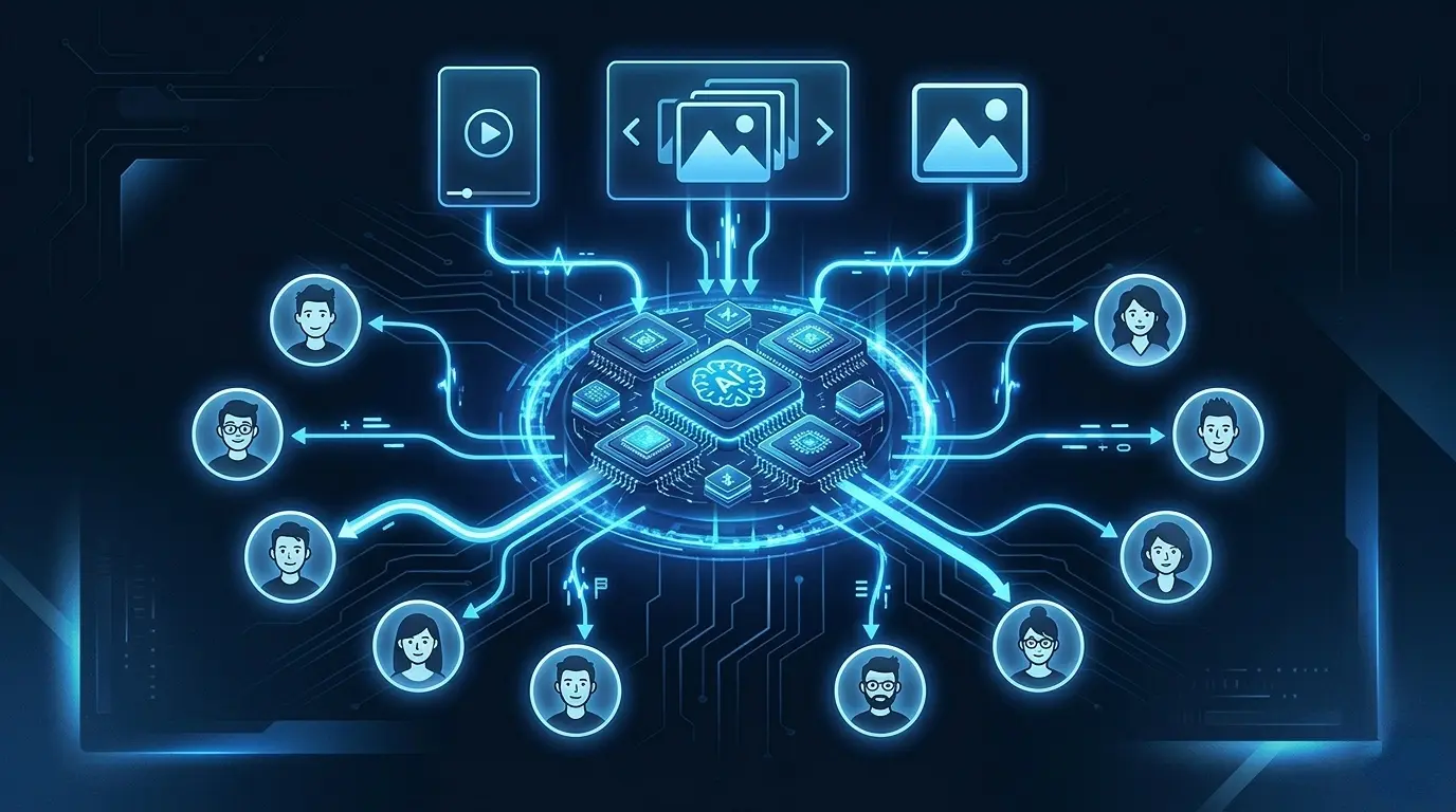 Meta Advantage+广告AI自动优化素材投放示意图