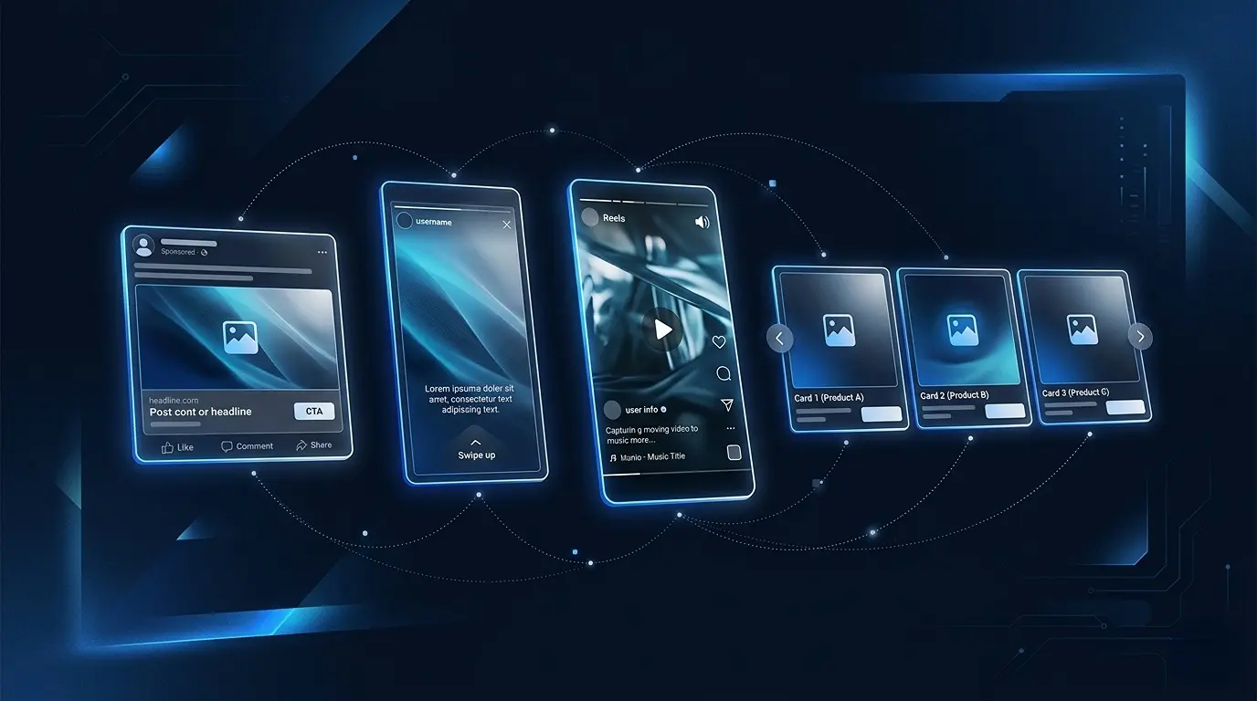 Meta Facebook广告形式全览：信息流、Stories、Reels、轮播广告示意图