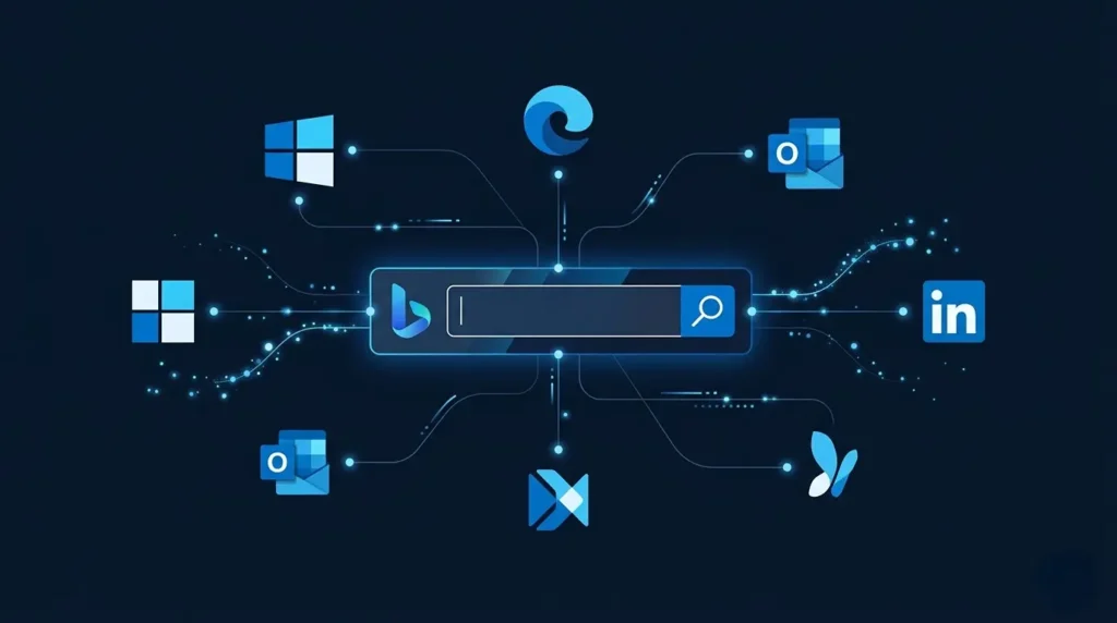微软必应广告生态系统示意图：bing搜索、edge、outlook、linkedin广告覆盖范围
